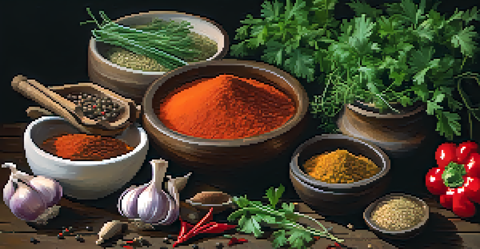 A close-up of Spanish spices and herbs arranged artfully on a wooden surface.