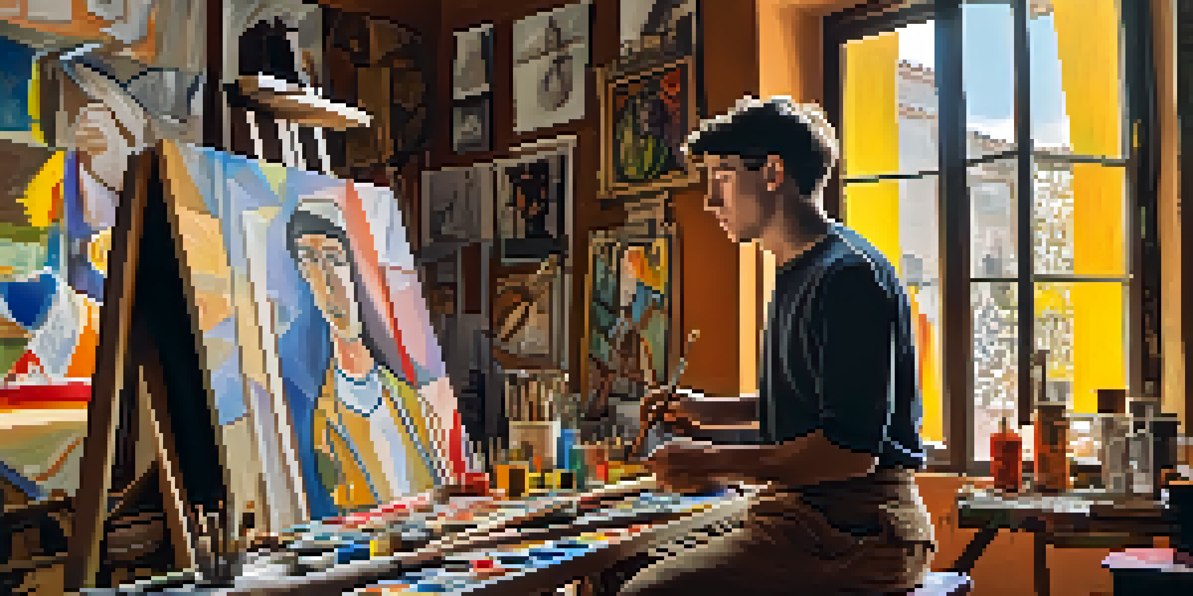 A young Pablo Picasso painting in his Barcelona studio, surrounded by colorful canvases and natural light.