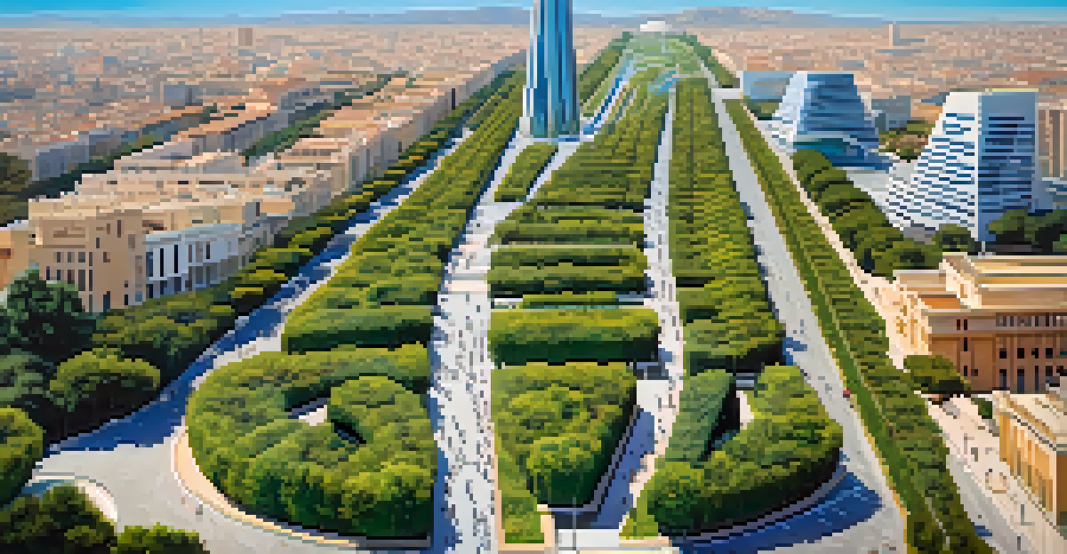An aerial perspective of cyclists on bike lanes in Valencia with gardens and modern buildings.