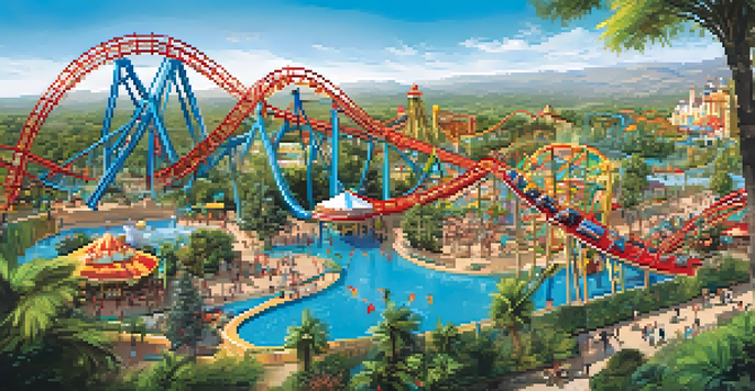 A bustling theme park scene at PortAventura, featuring the Shambhala roller coaster and families enjoying the attractions.