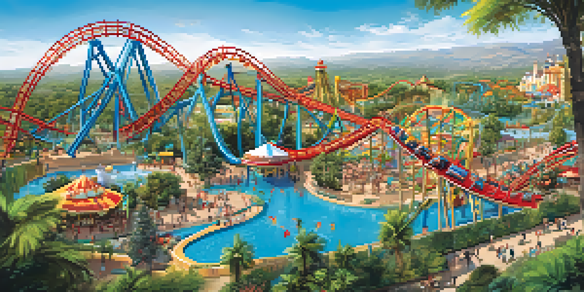 A bustling theme park scene at PortAventura, featuring the Shambhala roller coaster and families enjoying the attractions.