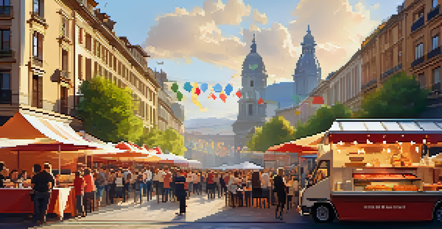 A vibrant outdoor street food festival in Bilbao with food trucks, chefs preparing dishes, and happy crowds enjoying the atmosphere.