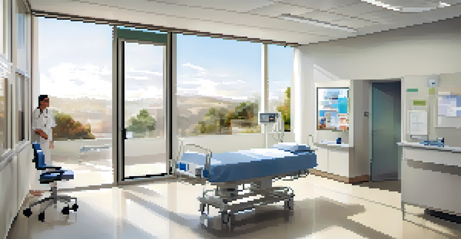 A modern medical clinic interior in Spain with bright lighting and a healthcare professional consulting a patient.
