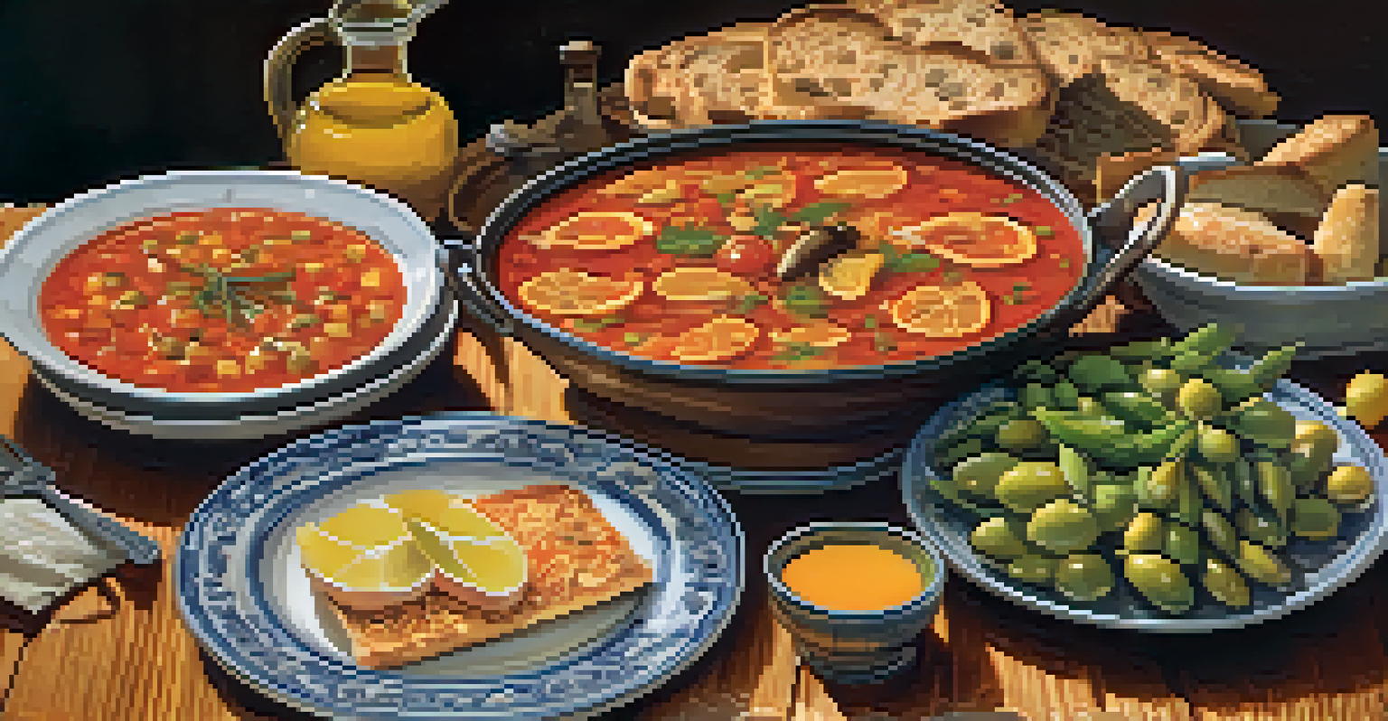 A rustic table with gazpacho, paella, and bread drizzled with olive oil, surrounded by fresh vegetables.