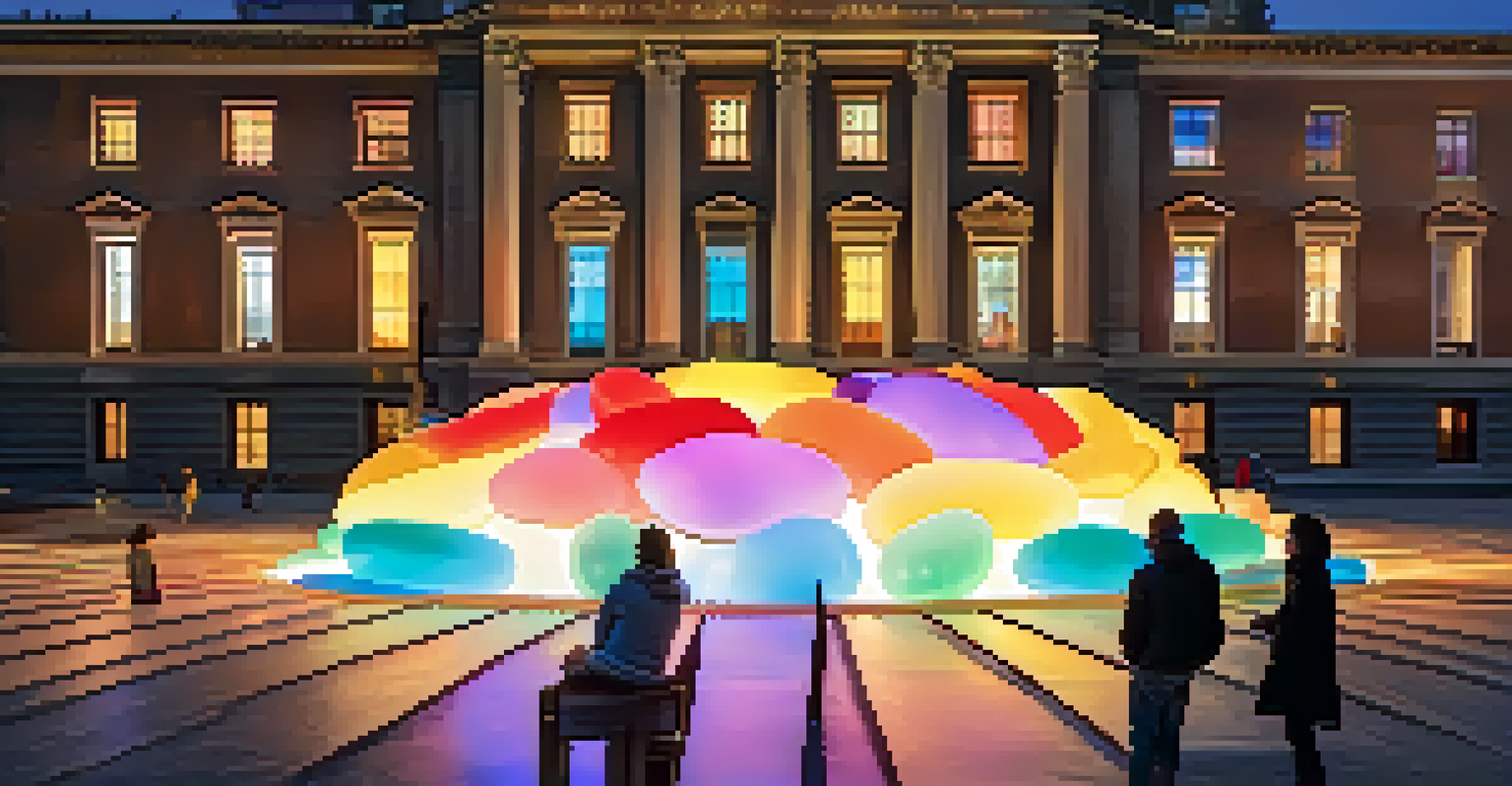 A colorful LED light installation against a historic building, with people admiring it, creating a sense of wonder.
