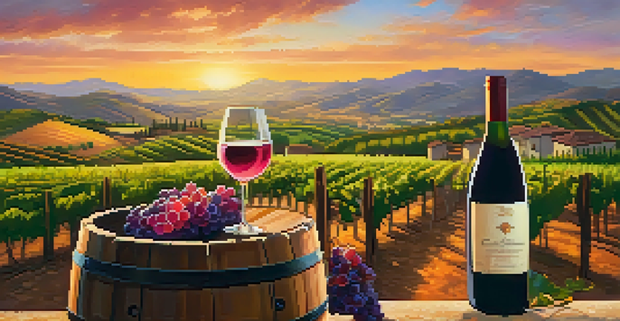 A couple enjoying wine at sunset in a vineyard with rolling hills and grapevines.