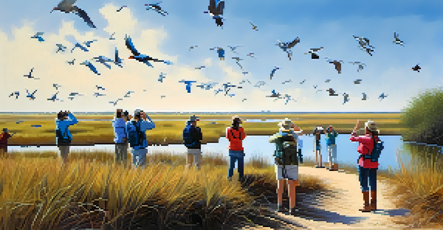 A group of eco-tourists observing birds in Doñana National Park, surrounded by wetlands and greenery.