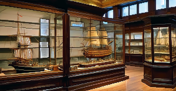 Interior view of the Museo Naval in Madrid with ship models and historical maps on display.