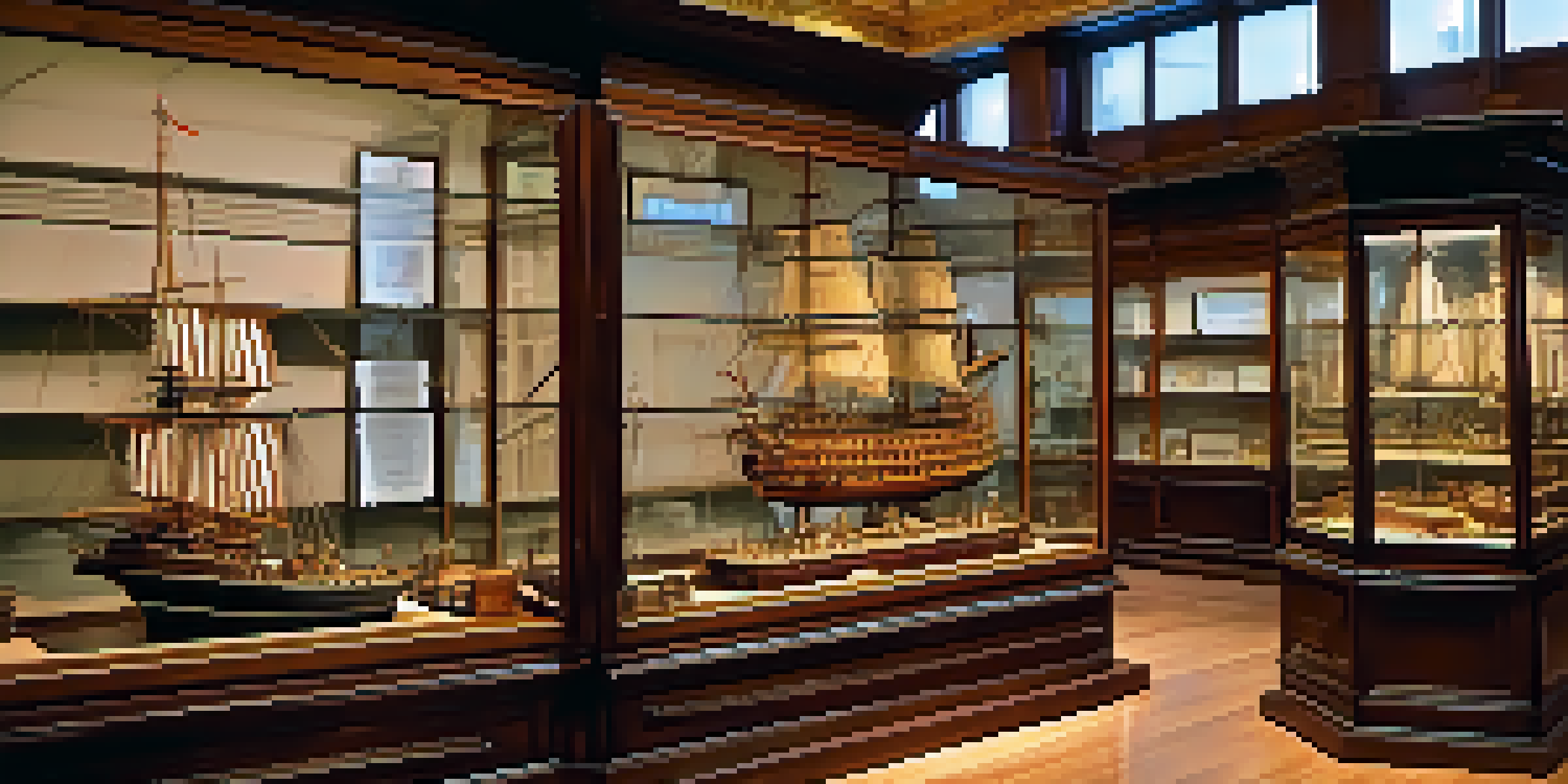 Interior view of the Museo Naval in Madrid with ship models and historical maps on display.
