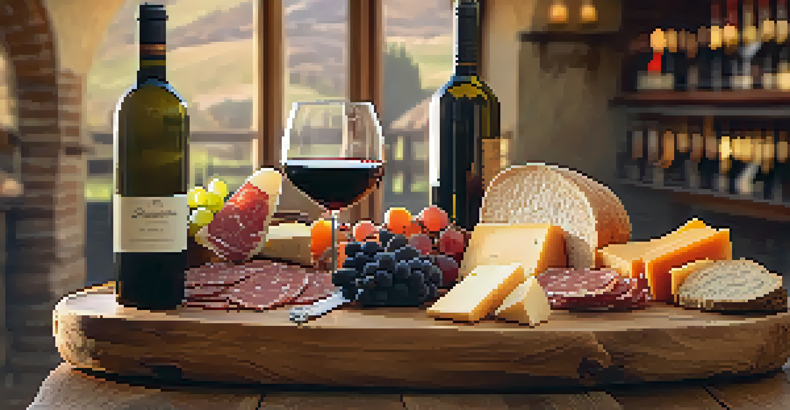 A beautifully arranged table for wine tasting with Ribera del Duero wines, cheese, and fruits, set in a rustic winery.