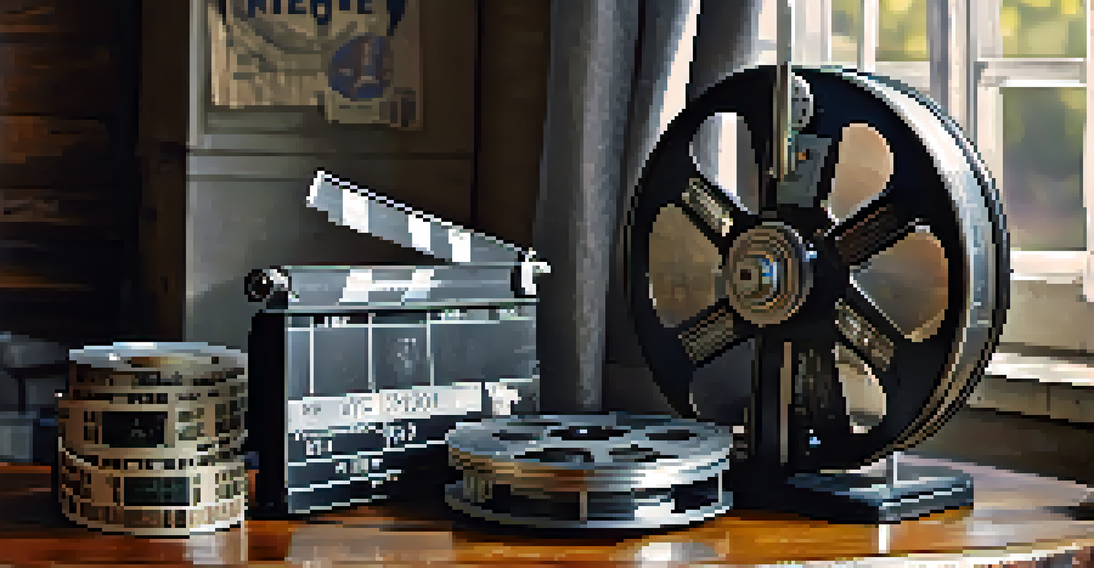 An antique film reel and projector on a wooden table, with natural light and vintage cinema items around.