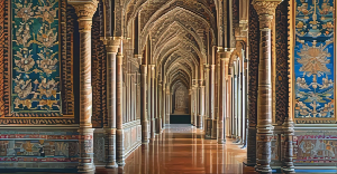 Interior view of the Castillo de Alcázar in Segovia showcasing detailed woodwork and tapestries.
