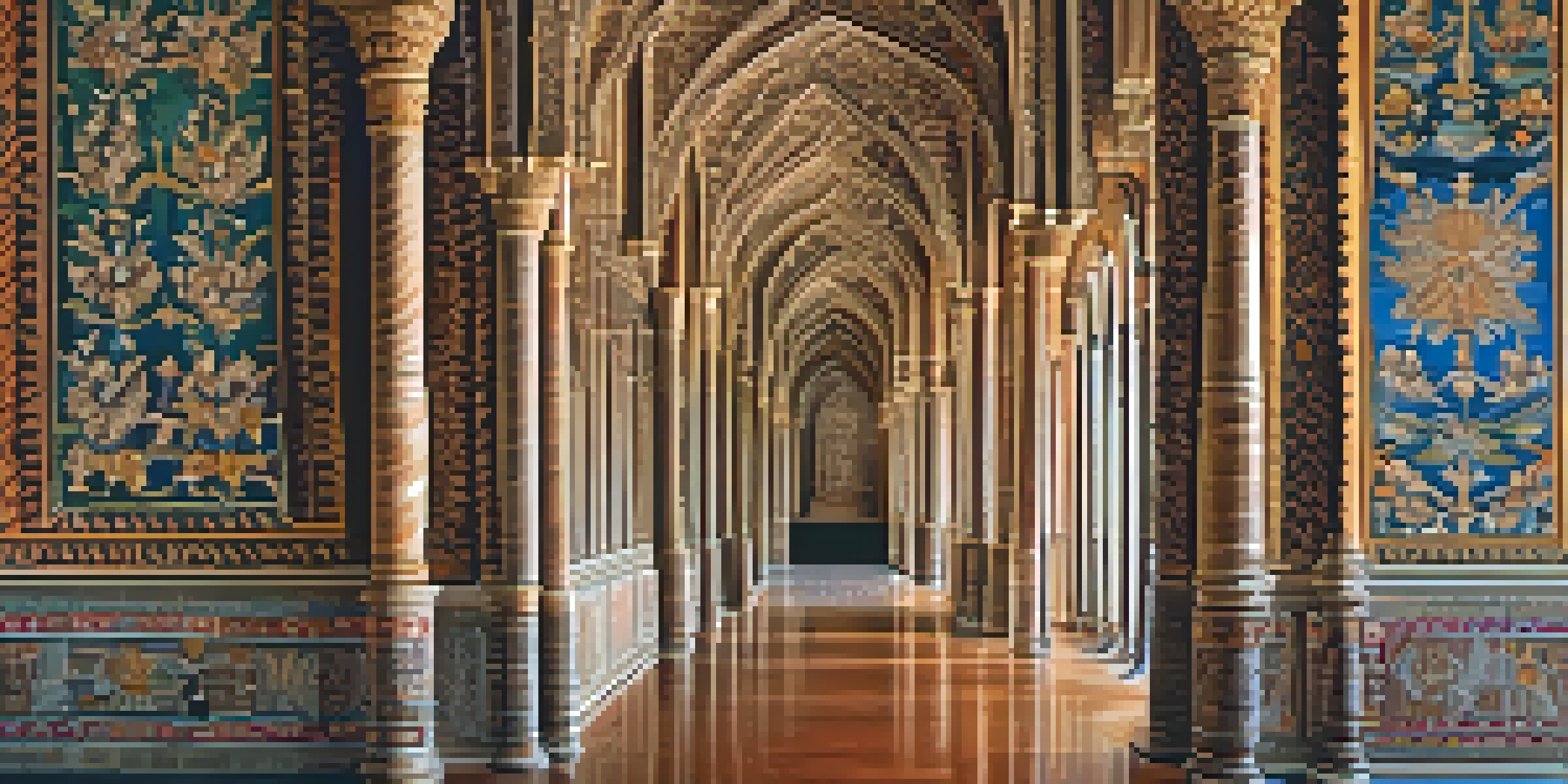 Interior view of the Castillo de Alcázar in Segovia showcasing detailed woodwork and tapestries.