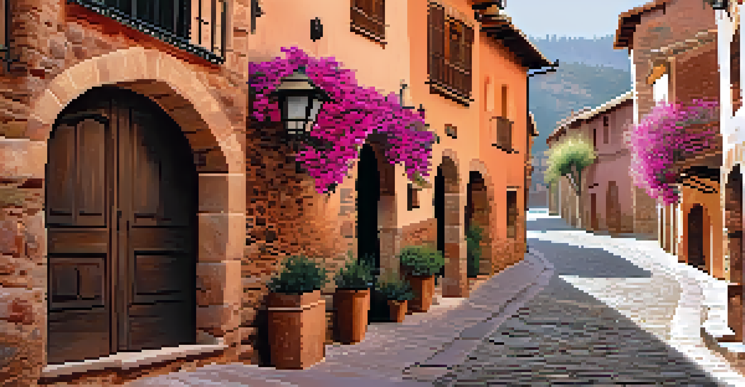 Narrow cobblestone street in Albarracín, Spain, showcasing pink buildings and artisan shops in soft morning light.