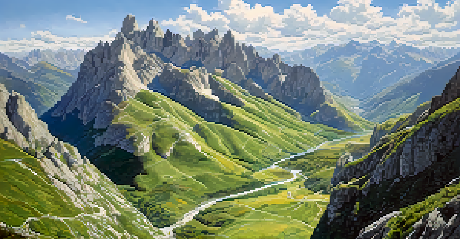 Aerial view of Picos de Europa National Park with mountains, valleys, and a herd of Spanish ibex.