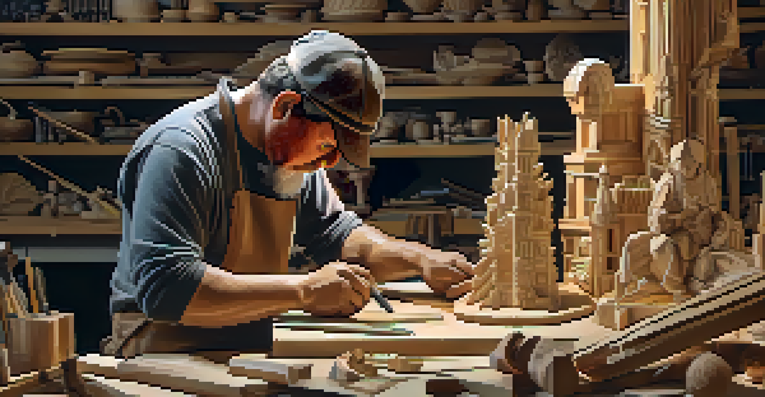 An artisan working on a detailed falla sculpture, surrounded by art supplies and tools, illuminated by soft natural light.