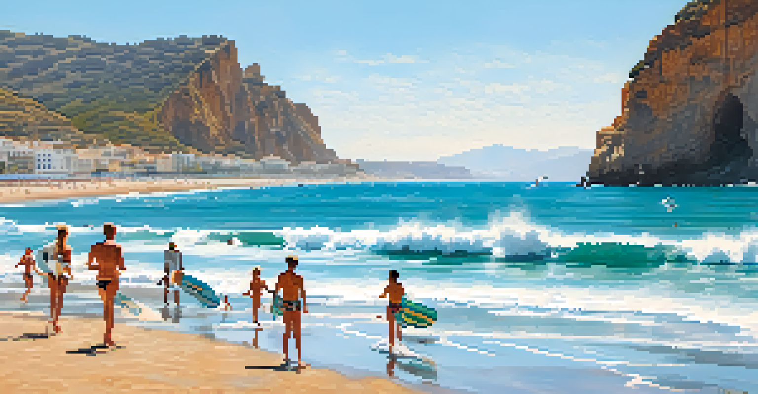 Surfers catching waves on the Costa del Sol beach with turquoise water and sandy shore.
