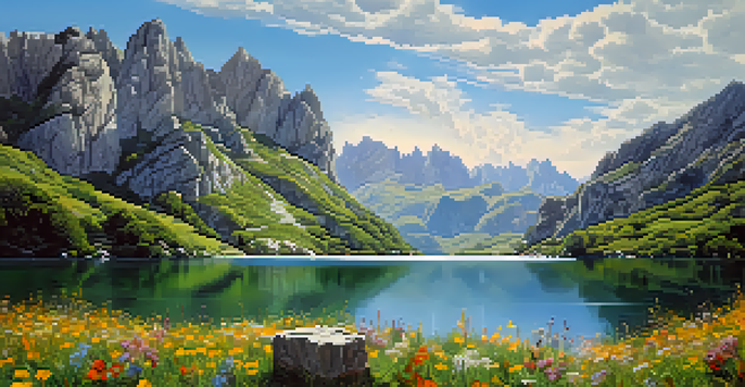 The Covadonga Lakes nestled among towering mountains, with clear water reflecting colorful wildflowers and a bright blue sky.