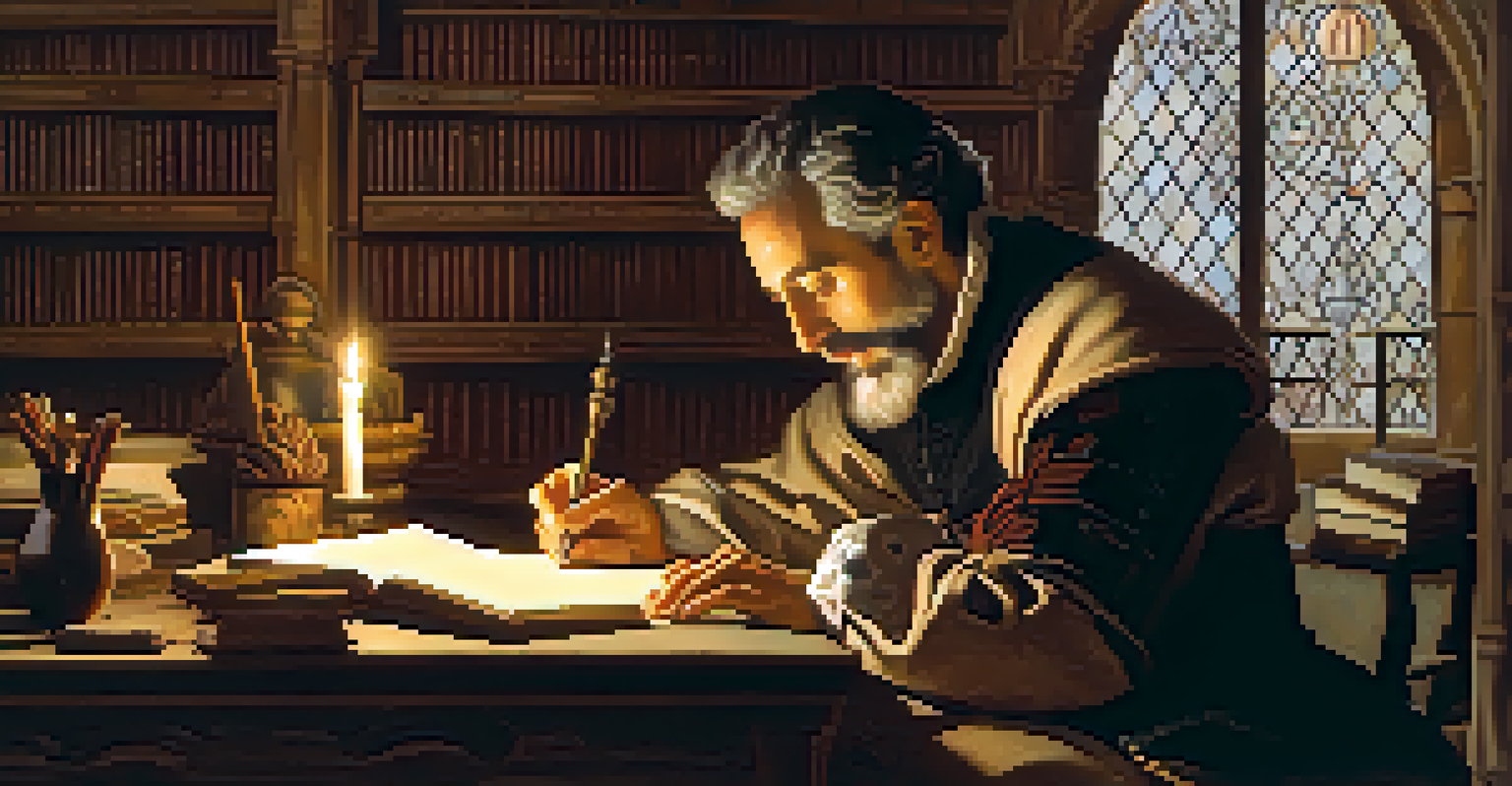 Miguel de Cervantes in a cozy study, writing by candlelight with books and manuscripts around him.