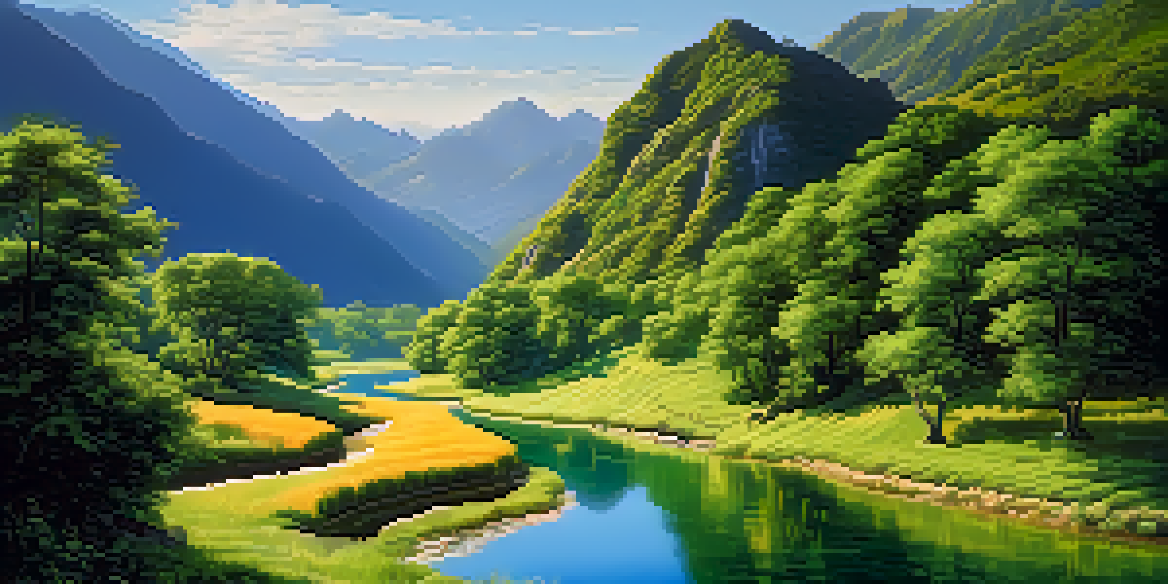 A peaceful river landscape with green valleys and mountains under a clear blue sky.
