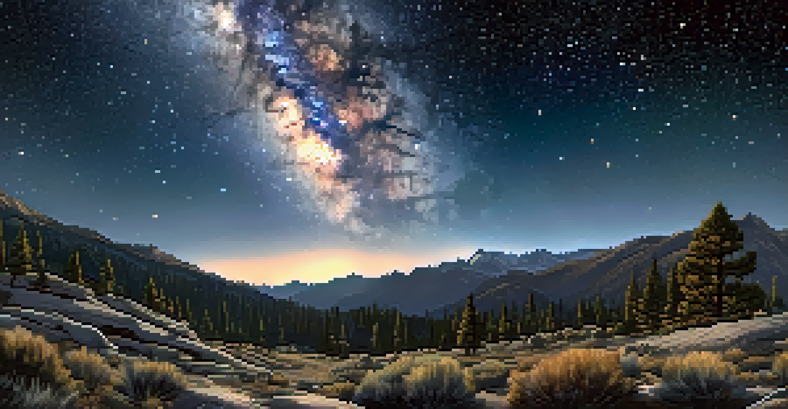 Starry night over the Sierra Nevada mountains in Spain, with the Milky Way visible and pine trees in silhouette.