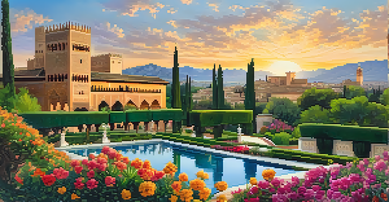 The Alhambra palace in Andalusia with intricate Moorish architecture, surrounded by lush gardens and a sunset sky.