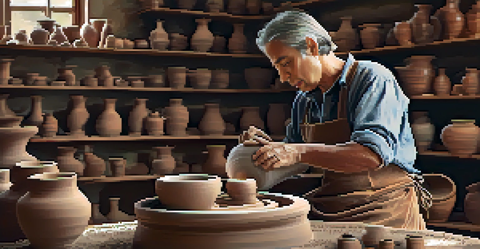 An artist shaping clay at a pottery wheel, surrounded by traditional pottery pieces in a well-lit workshop.