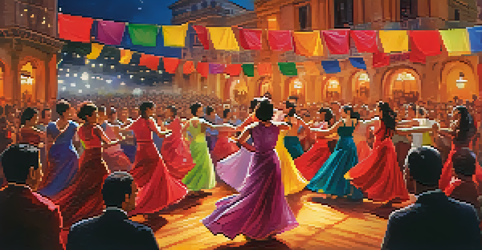 Performers in traditional Flamenco attire dancing on stage at a lively festival, with an engaged audience.