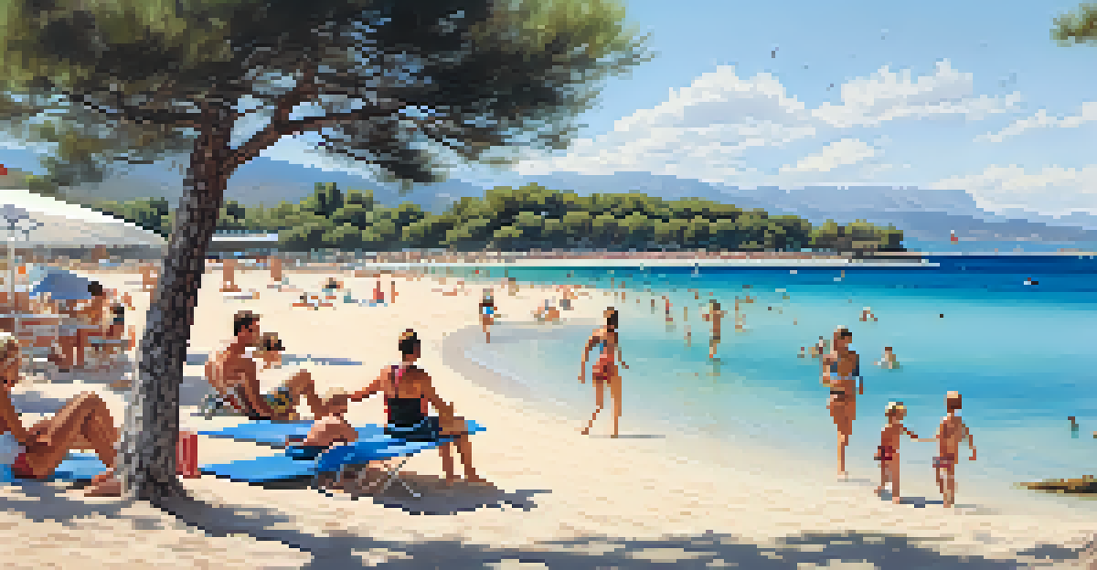 A family at a beach with children playing in the sand and shallow water, surrounded by pine trees and beach amenities.
