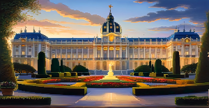 A view of the Royal Palace of Madrid at dusk, illuminated with soft lights, surrounded by the lush Sabatini Gardens.