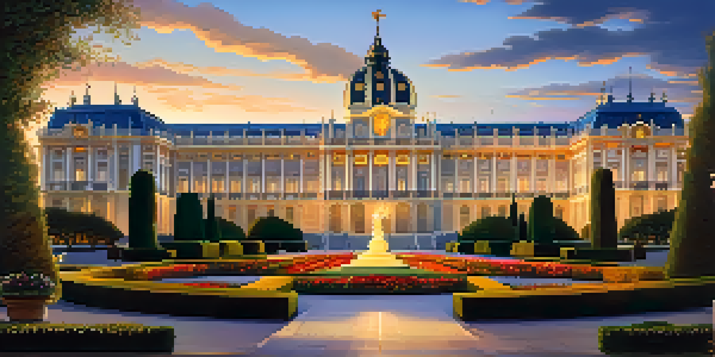 A view of the Royal Palace of Madrid at dusk, illuminated with soft lights, surrounded by the lush Sabatini Gardens.