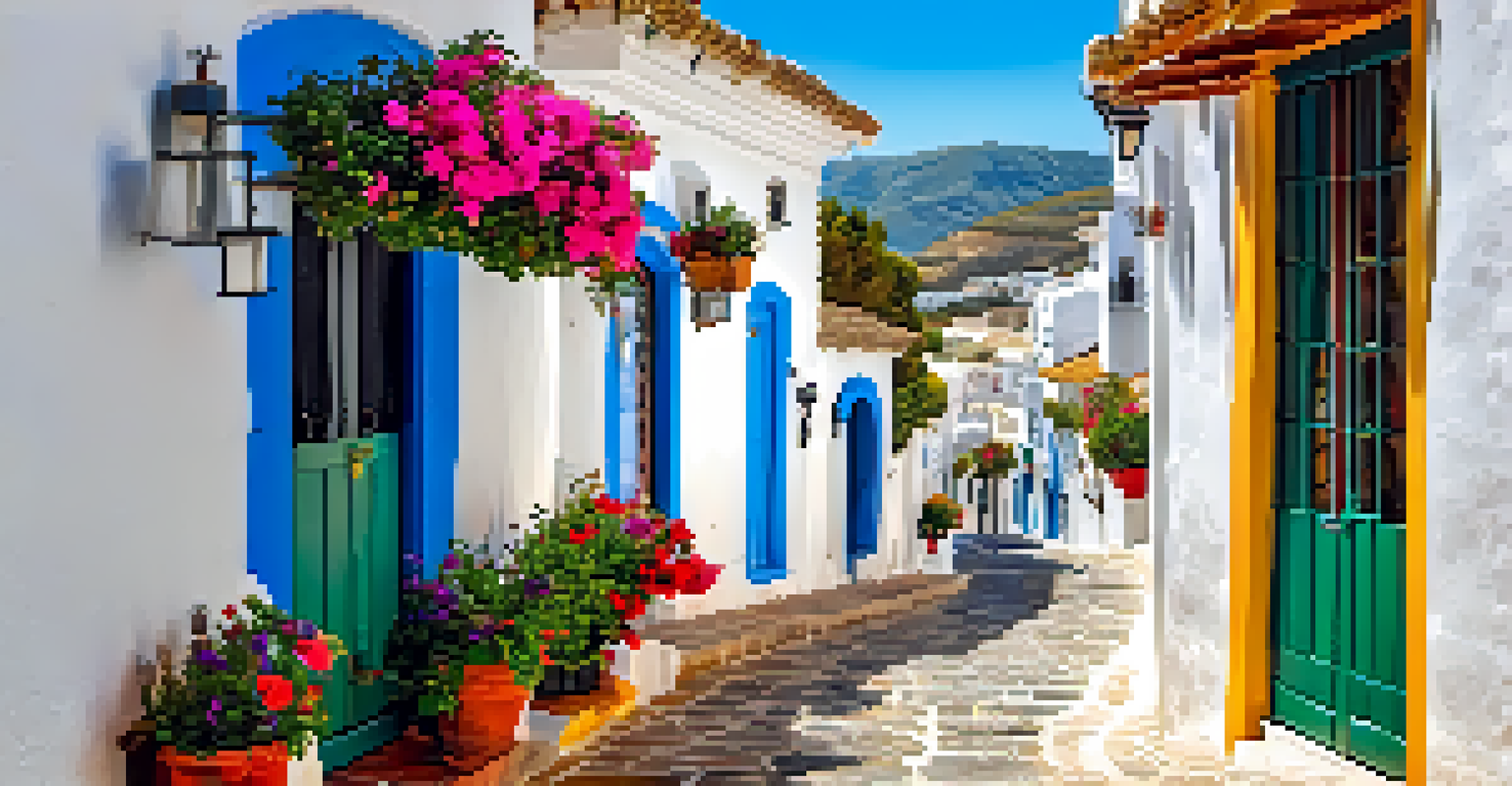 A vibrant street in Mijas, Spain, featuring whitewashed buildings, colorful flowers, and a donkey taxi with a view of the sea.