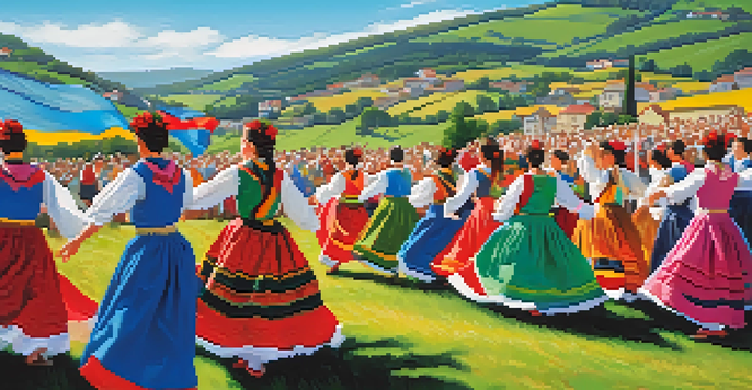 Dancers in colorful traditional costumes performing a lively folk dance in a picturesque Galician landscape.