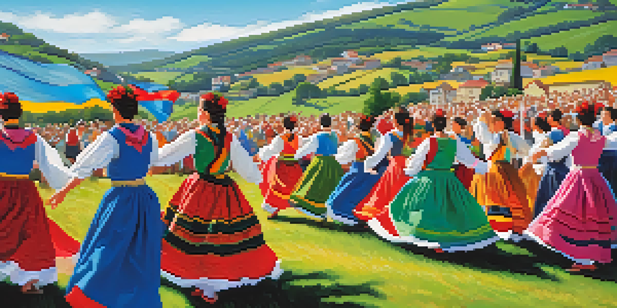 Dancers in colorful traditional costumes performing a lively folk dance in a picturesque Galician landscape.