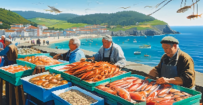 A bustling seafood market in Galicia with fresh catches displayed, sunlight illuminating the vibrant stalls and the ocean in the background.