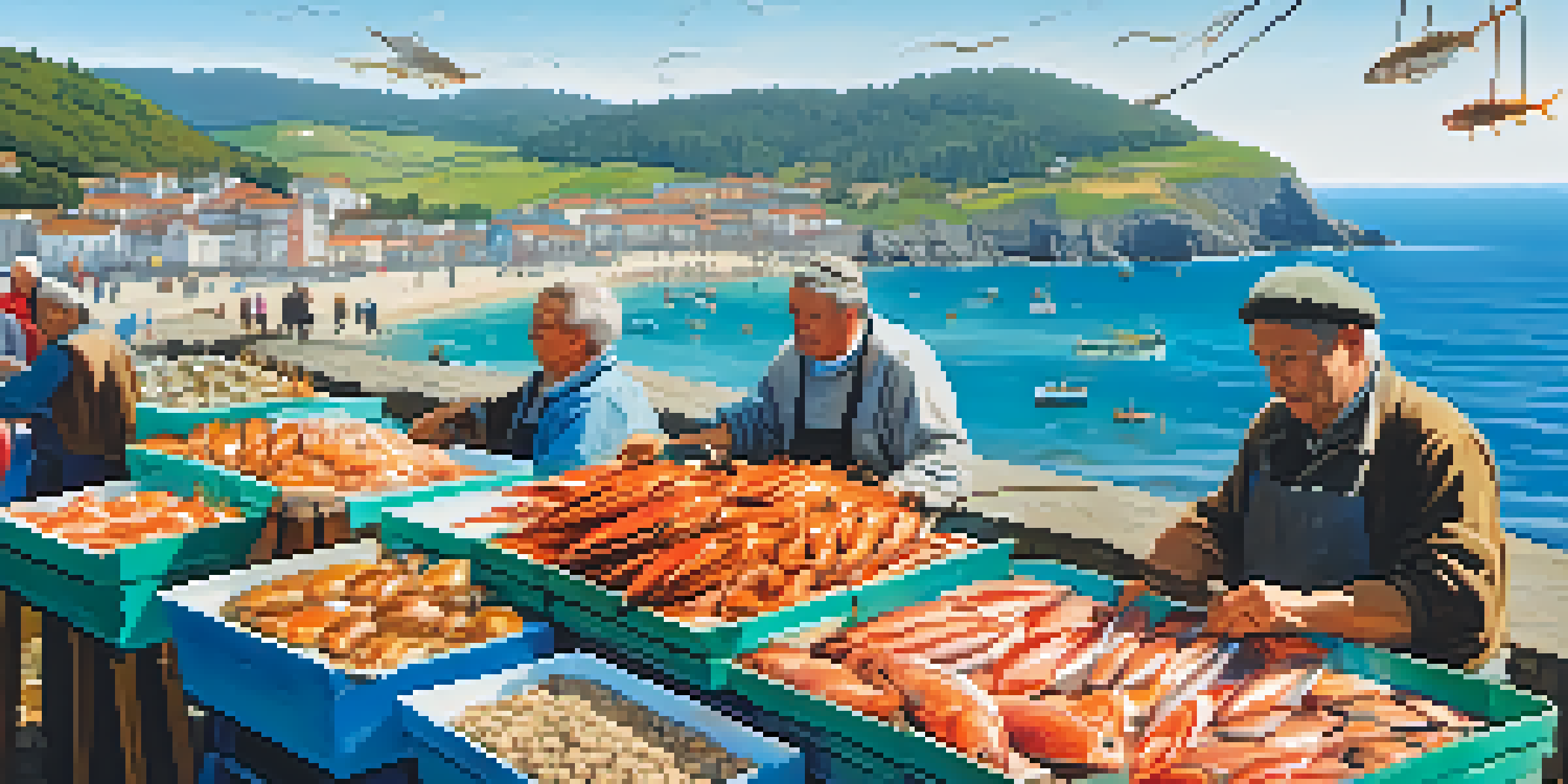 A bustling seafood market in Galicia with fresh catches displayed, sunlight illuminating the vibrant stalls and the ocean in the background.