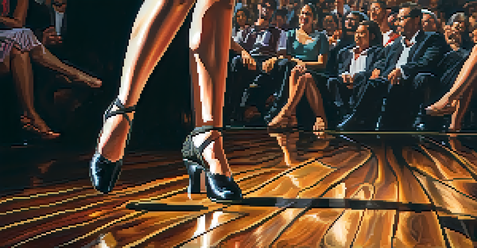 Close-up of a flamenco dancer's feet performing intricate footwork on wooden floorboards, with a blurred audience in the background.