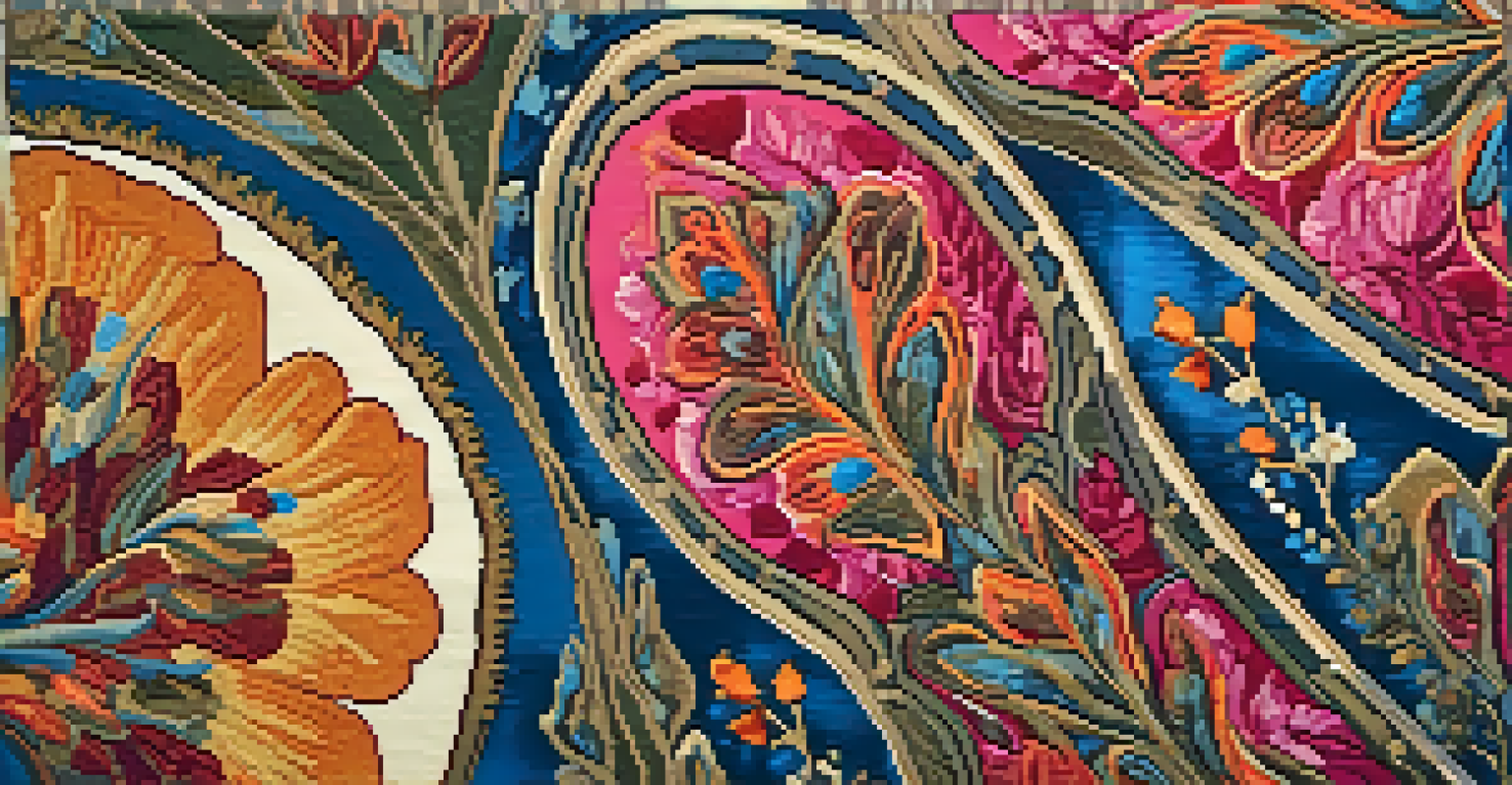 A close-up of a colorful Spanish tapestry, showcasing intricate floral and abstract designs with visible stitching.