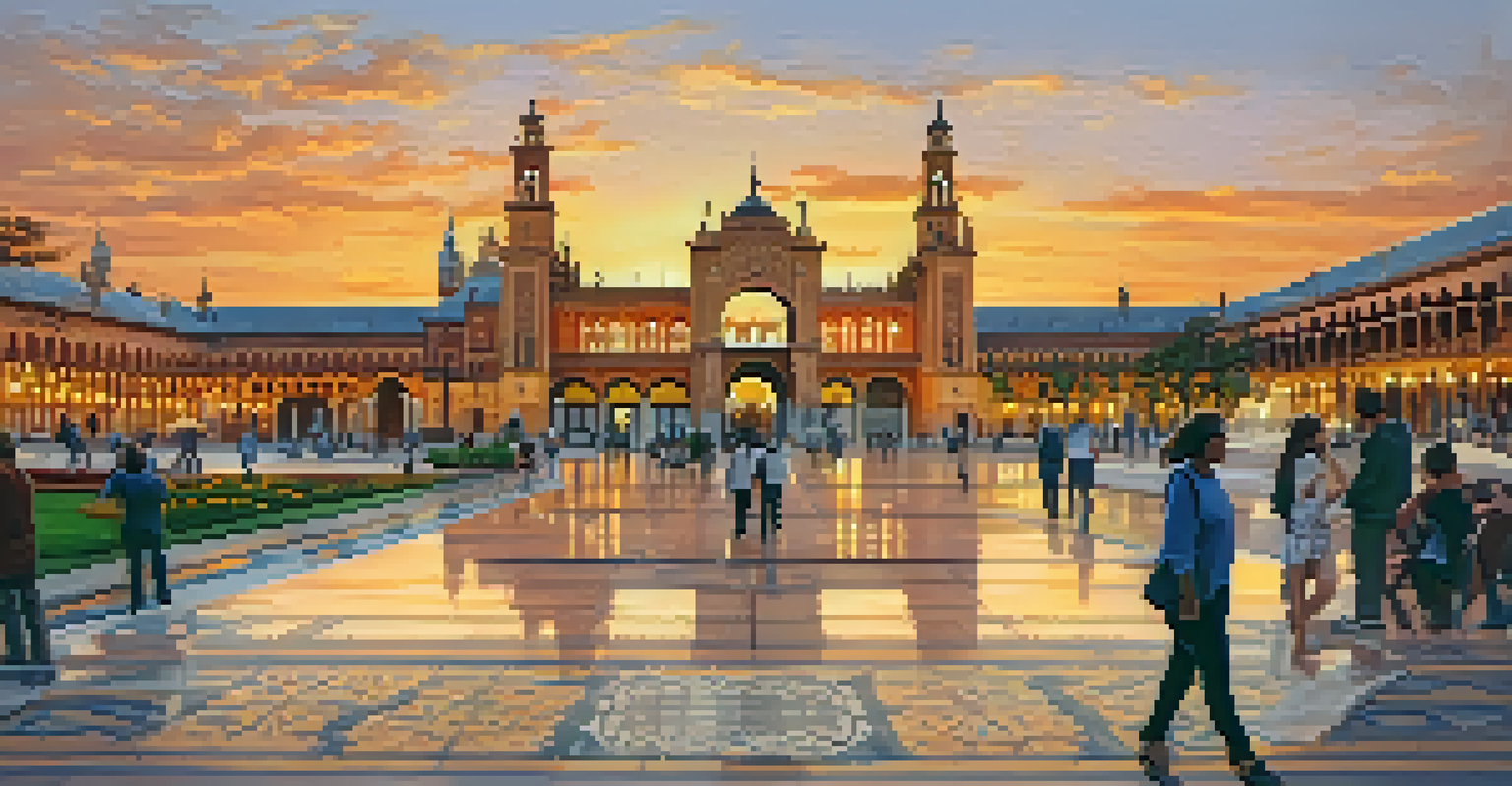 The beautiful Plaza de España in Seville at sunset, featuring intricate tile work and iconic towers.
