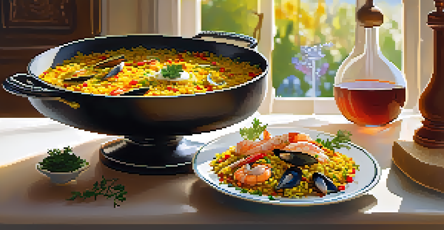 A beautifully presented saffron paella in a traditional pan, garnished with fresh herbs and colorful seafood, set in a sunlit kitchen.