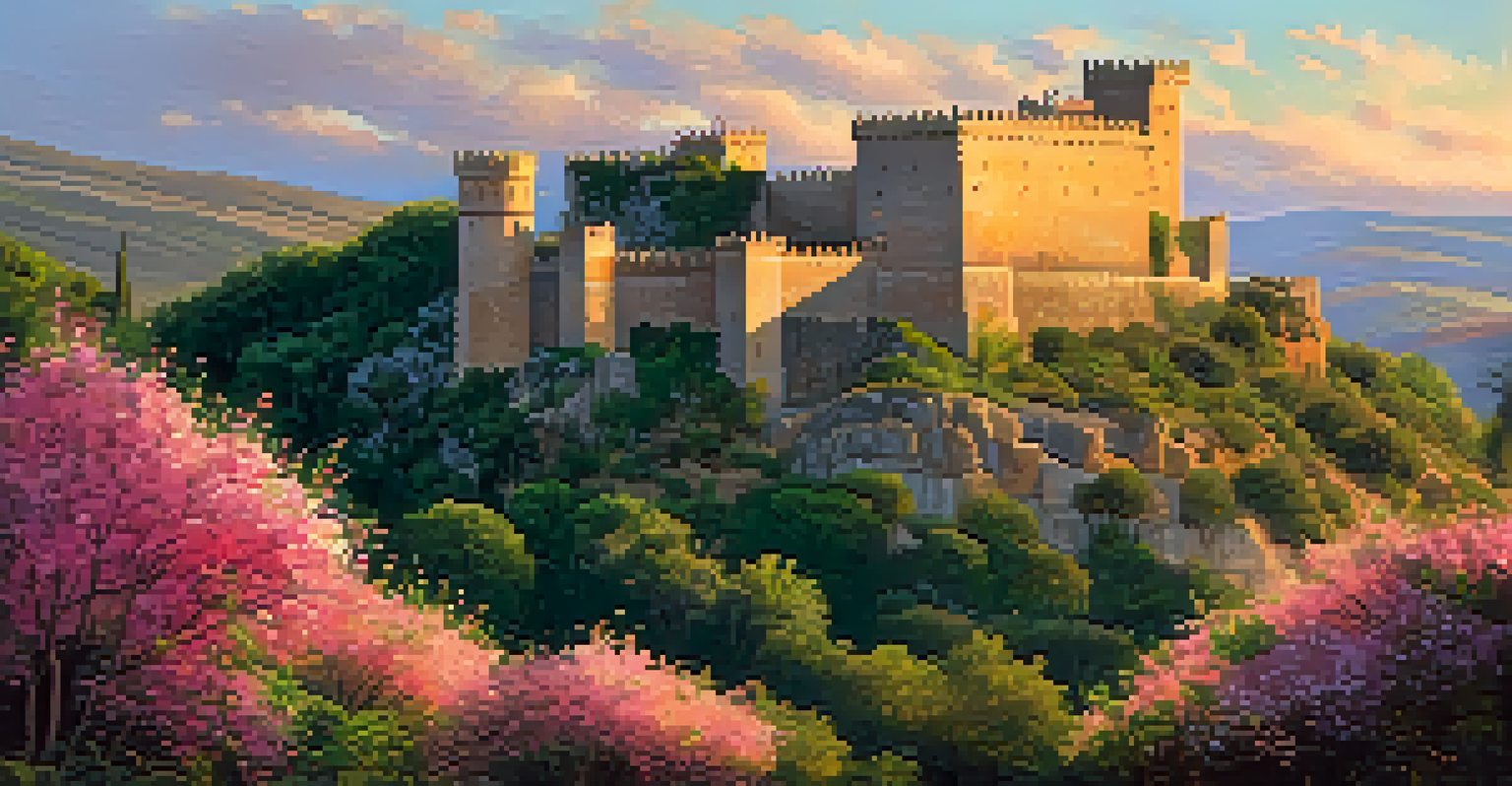 The Castillo de Almodóvar del Río, showcasing its stone facade and vibrant gardens during sunset.