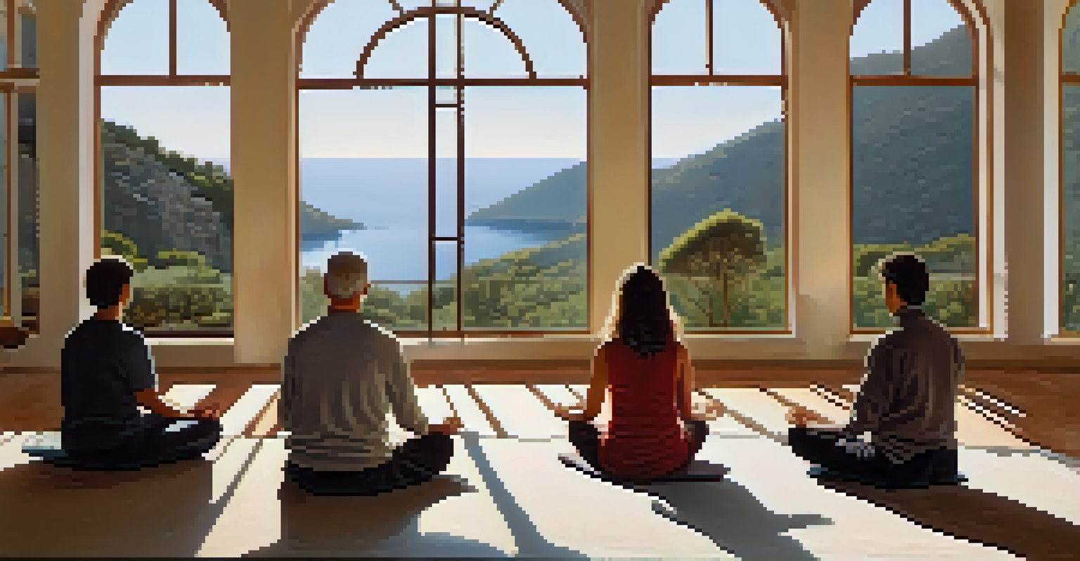 Participants meditating silently in a sunlit room during a retreat in Catalonia, with large windows showing a natural landscape outside.