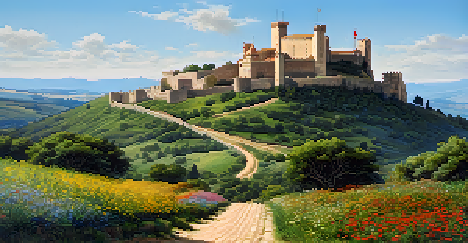 A medieval castle on a hilltop, with a trail leading to it surrounded by hills and greenery.