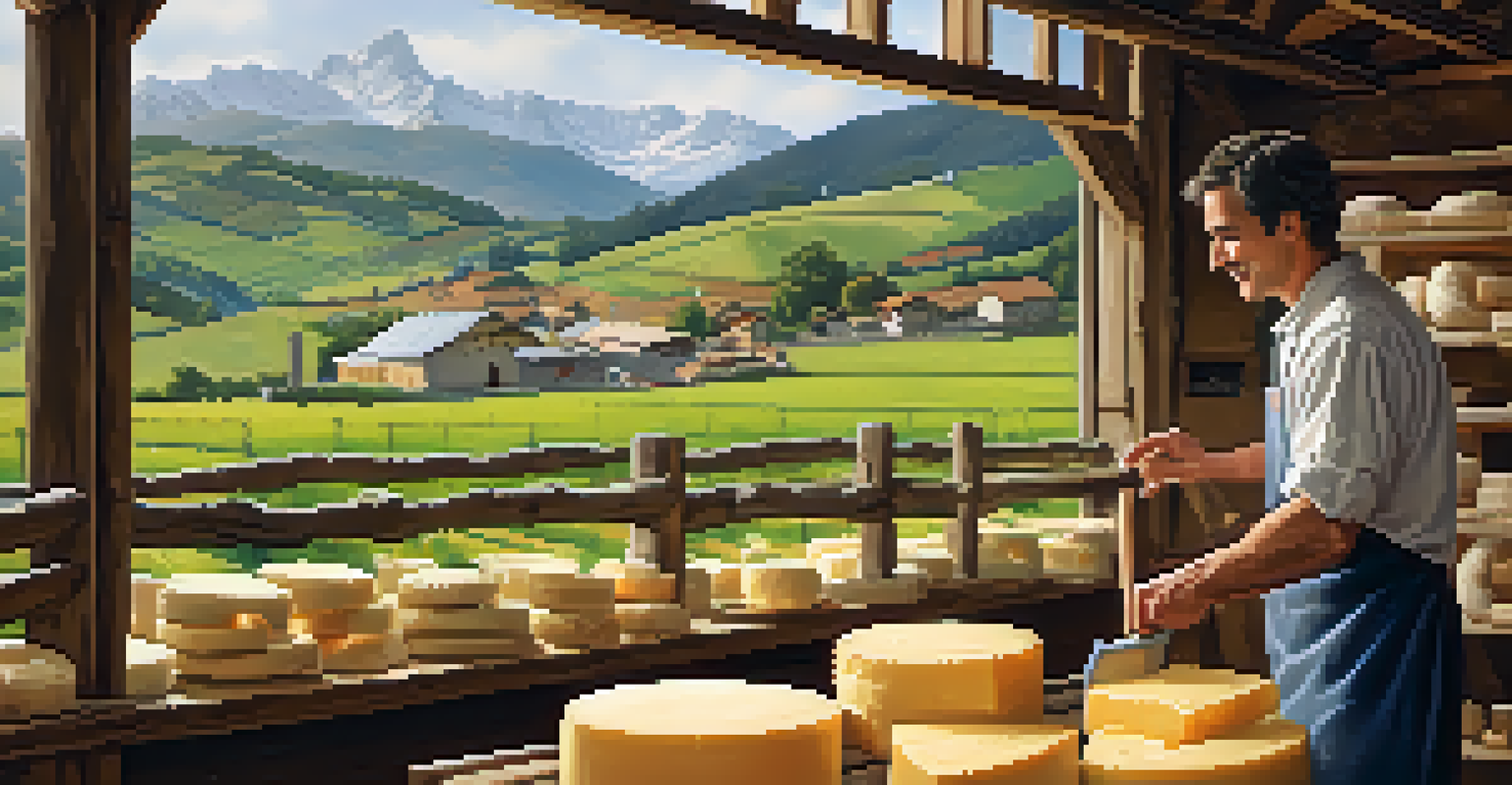Inside a Basque cheese farm, a farmer demonstrates cheese-making with wheels of cheese and fresh milk around.