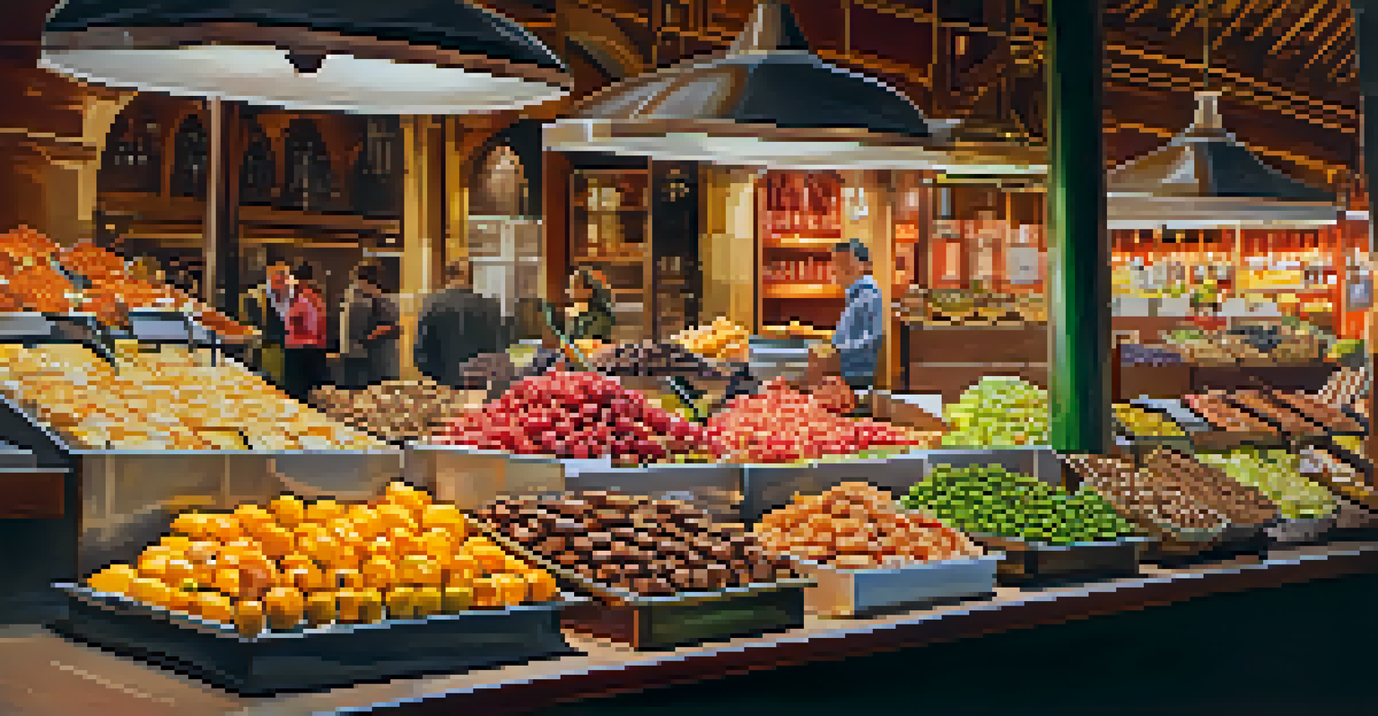 A close-up view of gourmet food stalls in Madrid's Mercado de San Miguel, featuring tapas and chocolates.