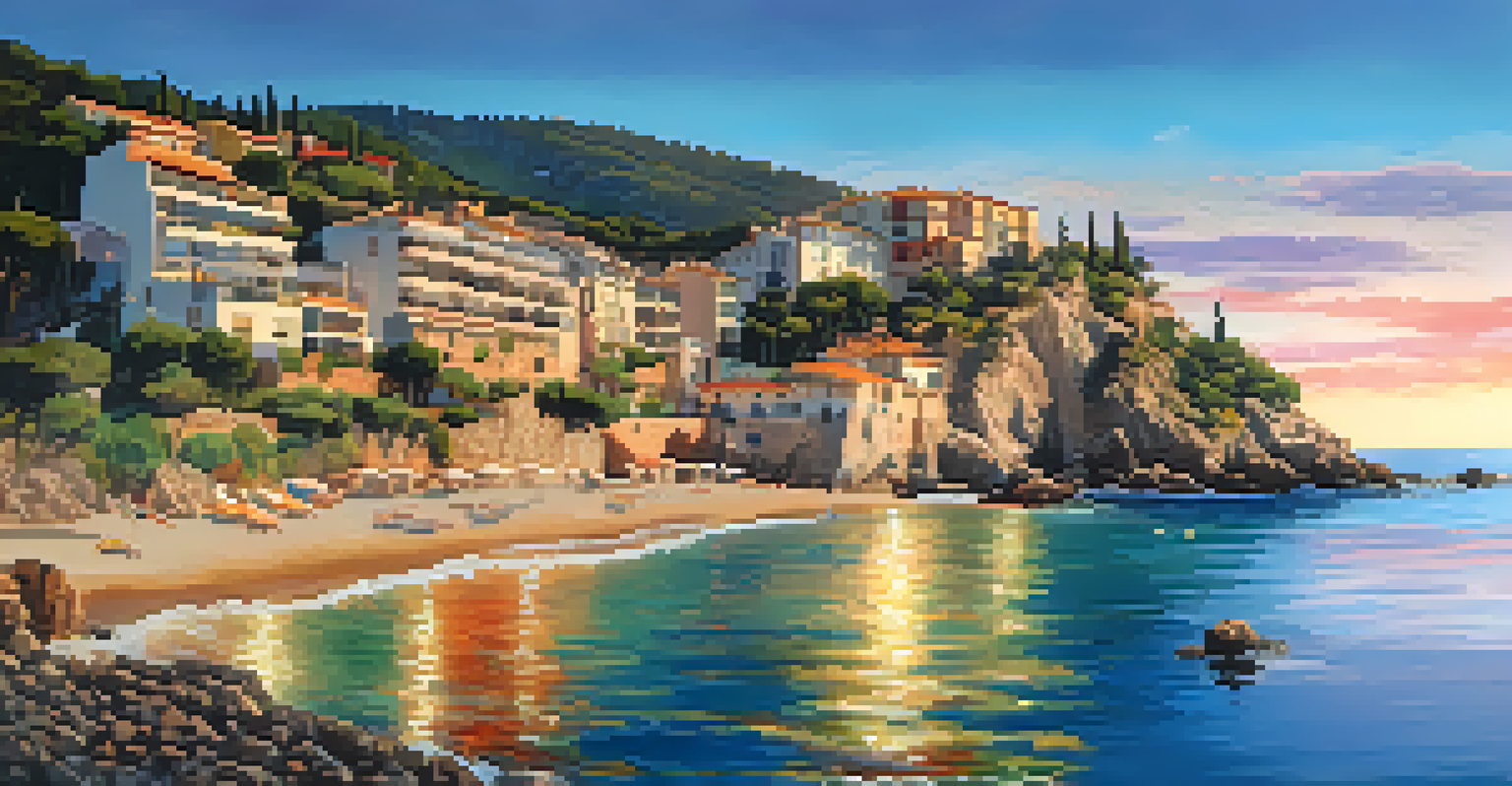 A coastal view at sunset with eco-friendly accommodations along the shoreline.