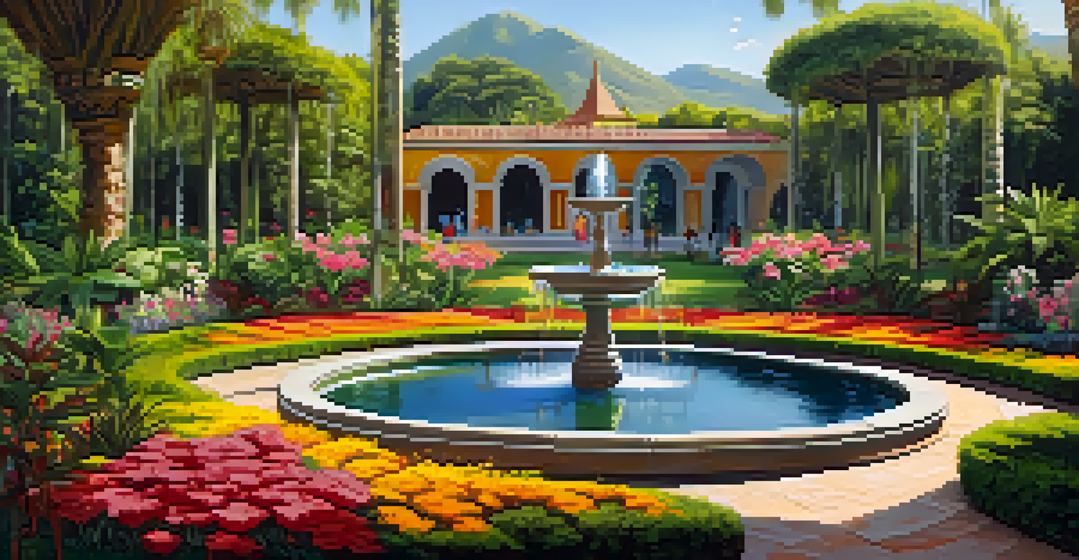 A winding path in Jardín de la Concepción surrounded by tropical plants and a beautiful fountain.