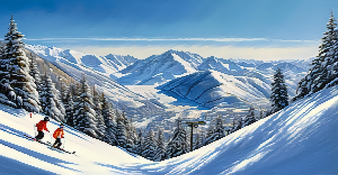A snowy landscape at Baqueira-Beret Ski Resort with families skiing and pine trees in the foreground, and mountains in the background.
