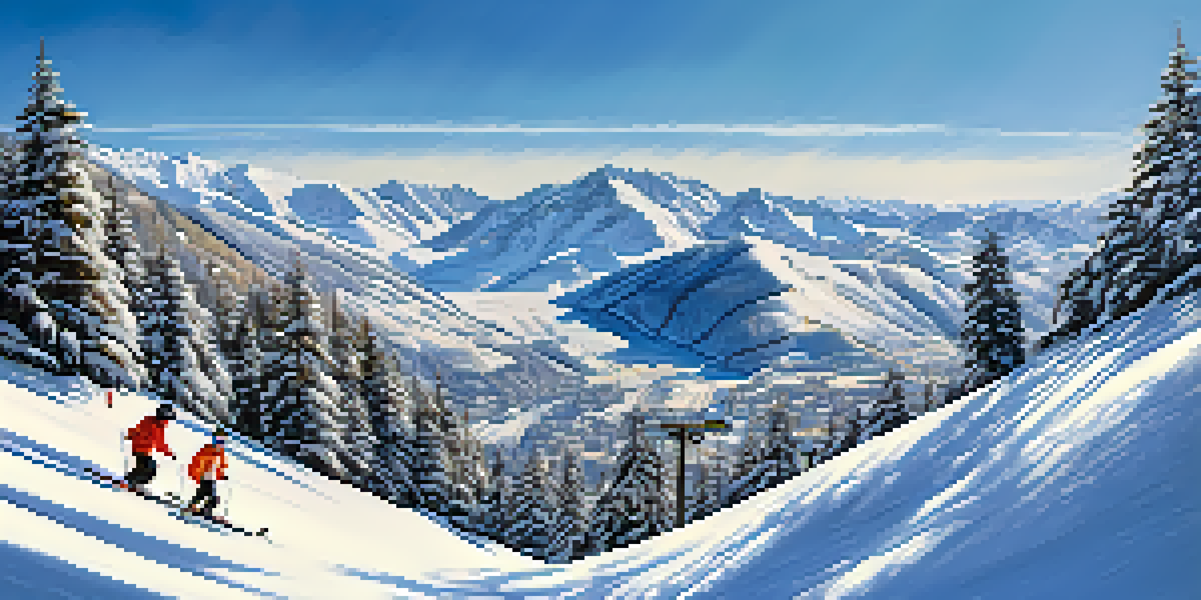 A snowy landscape at Baqueira-Beret Ski Resort with families skiing and pine trees in the foreground, and mountains in the background.