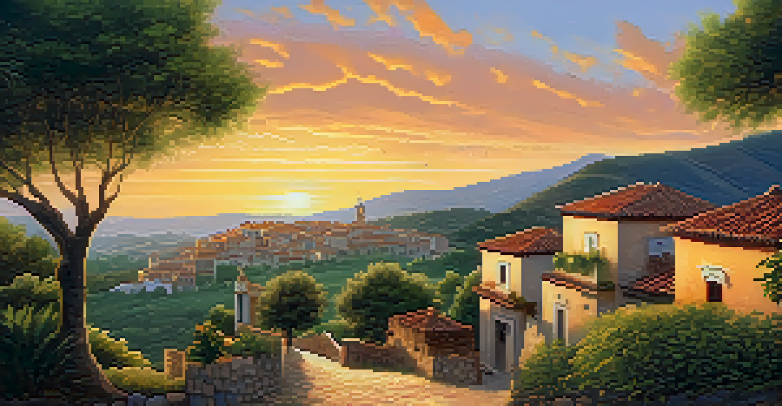 A peaceful landscape of a historic Spanish village during the Reconquista, showing villagers in traditional activities with warm sunset lighting and lush greenery.